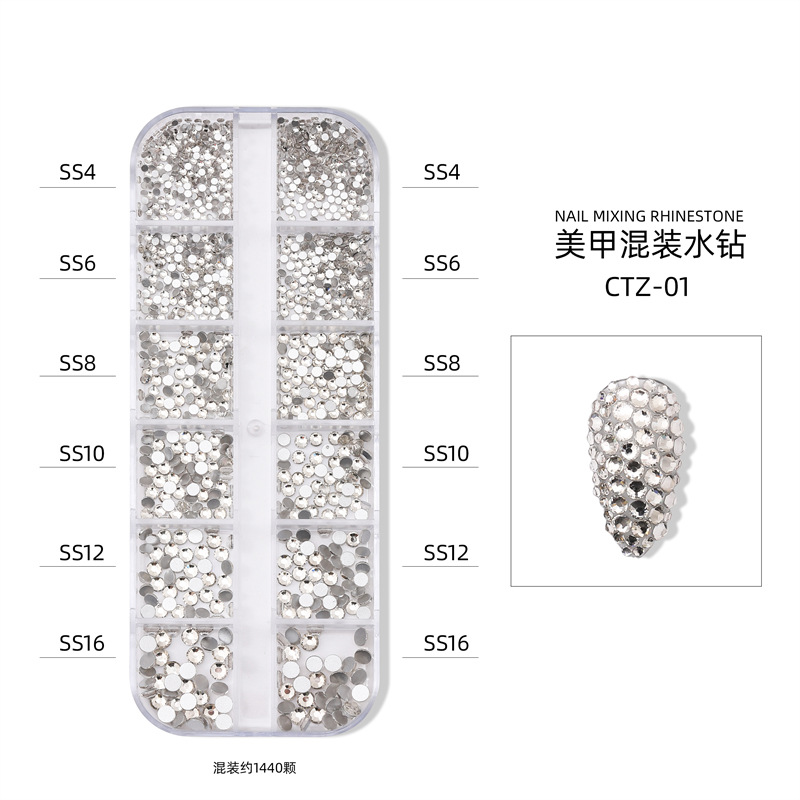 12-rejilla en caja alta plata uñas plana rhinestone joyería transparente AB color diamante llama diamante nail joyería fábrica al por mayor