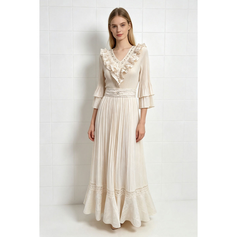 Cross-border foreign trade lotus leaf sleeve hollowed-out ruffled waist-cinching loose beaded and rhinestone dress, plus-size women's clothing Cross-border foreign trade lotus leaf sleeve hollowed-out ruffled waist-cinching loose beaded and rhinestone dress, plus-size women's clothing