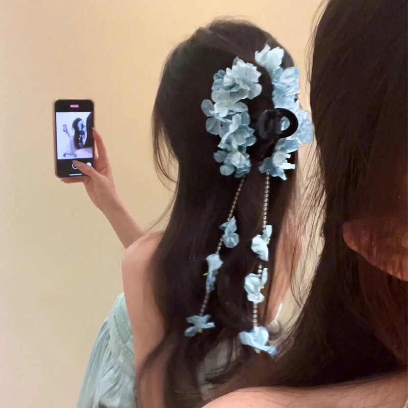 Bosque azul hortenida bordilla hermosa agarrar clips de cabeza de la mujer detrás de los clips de cabello de pesca clip de cabello de vacaciones tocado