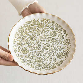 复古绿藤花纹陶瓷盘子家用高颜值餐具牛排盘批发盘早餐盘餐厅菜盘