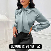 独立站女装2025跨境外贸秋季新款色丁衬衫 亚马逊蝴蝶结长袖上衣