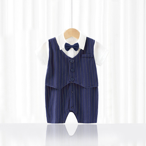 Baby Summer Infant Onesie Pure Cotton Gentleman Full Moon Birthday Short Sleeve Dress Climbing Clothes Baby Clothes
