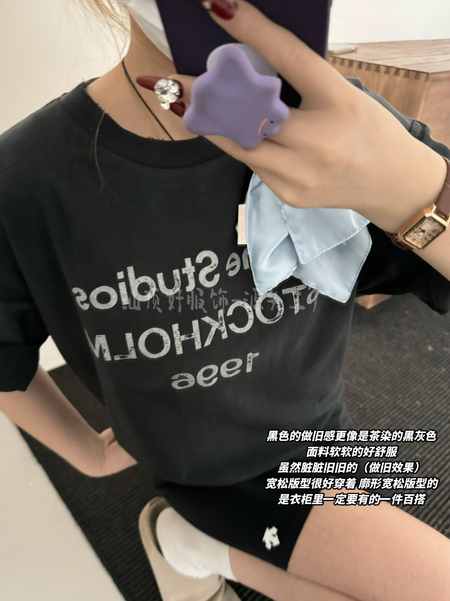 {天井版} 25夏の新型AC復古黒tee半袖1996文字丸襟百合男女モデル