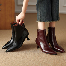 马油牛皮 5.5cm性感高跟短靴子2024春秋冬季真皮及踝靴细跟女靴