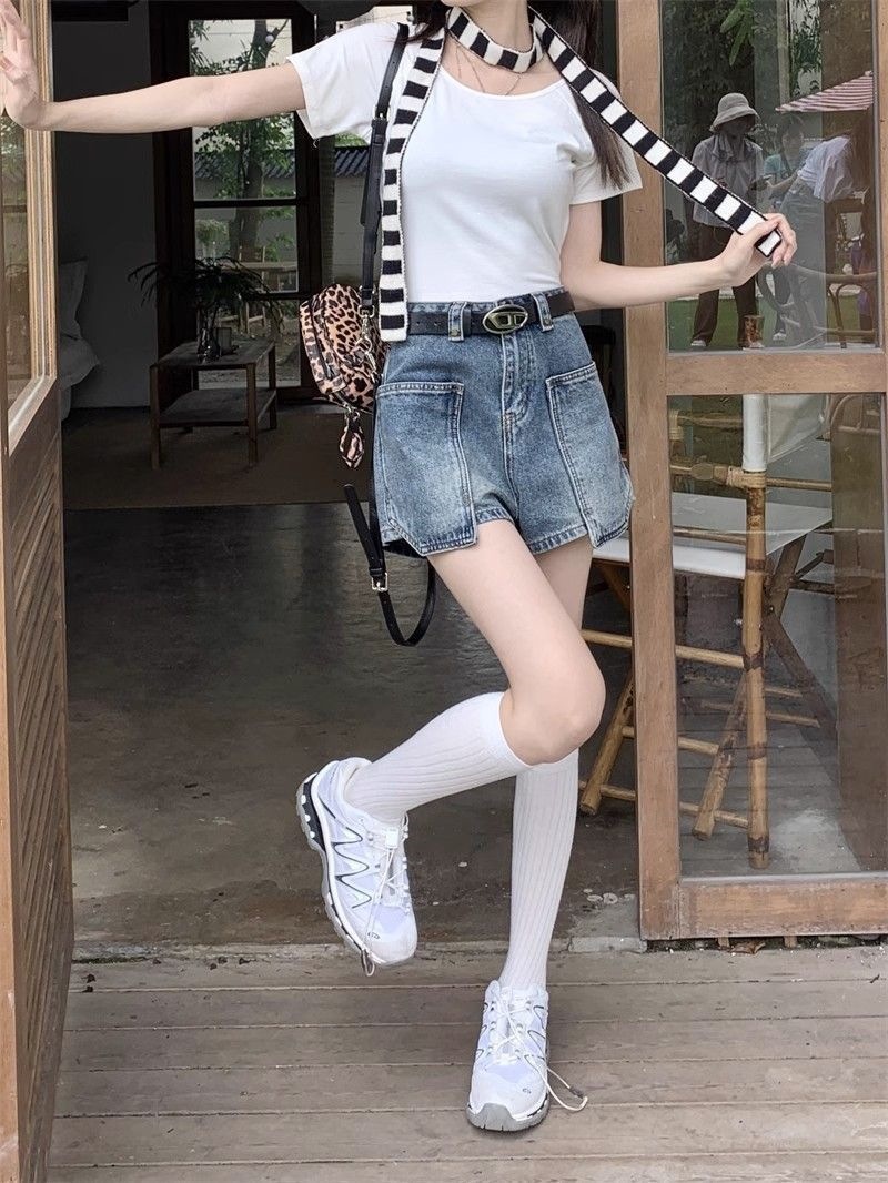 Quần short denim nữ lưng cao túi hộp phong cách vintage ống rộng — Lời bài hát: Blue (No Belt - Pants) chi tiết 9