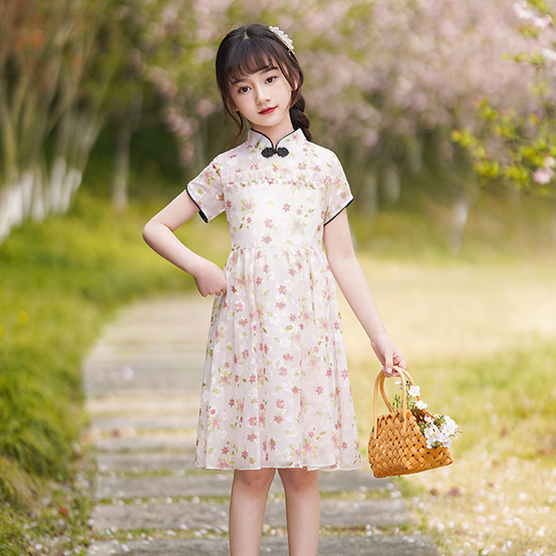 Girl chinese qipao retro pink blue yellow floral cheongsam dress improved cheongsam girl chiffon skirt princess dress Chinese style for kids