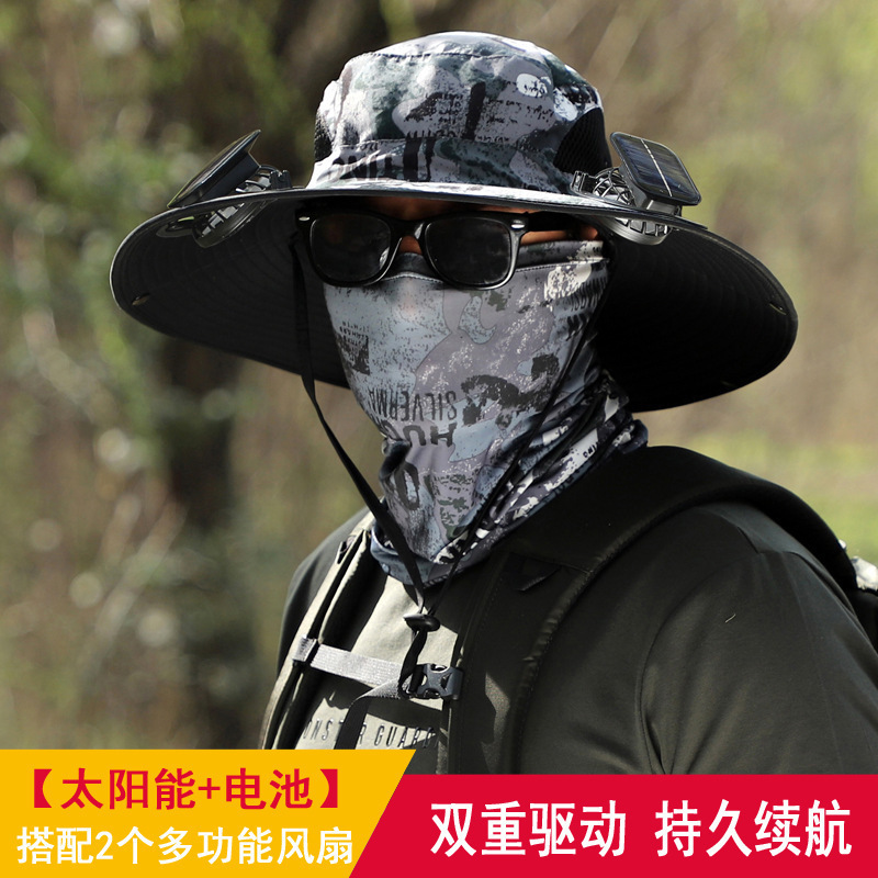 Sombrero de ventilador solar para hombre de verano gran sombrero de borde anti-UV sombrero de pescador de montaña sombrero de ventilador de sombra de pesca