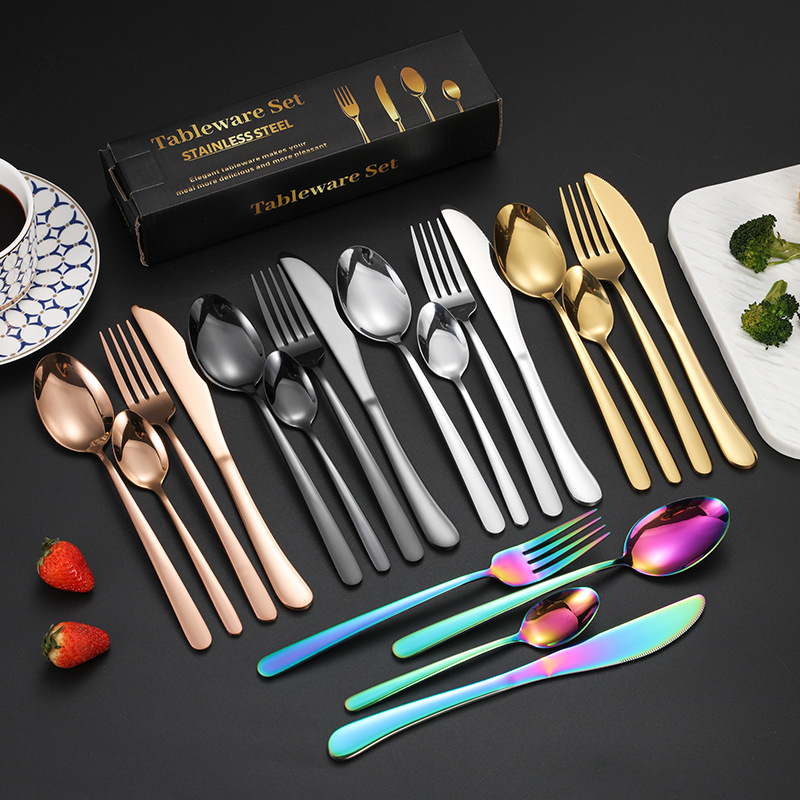Spoon Juego de vajilla de acero inoxidable transfronterizo al por mayor de 24 piezas para el hogar elegante comida occidental Cuchillo, tenedor, cuchara, necesidades diarias
