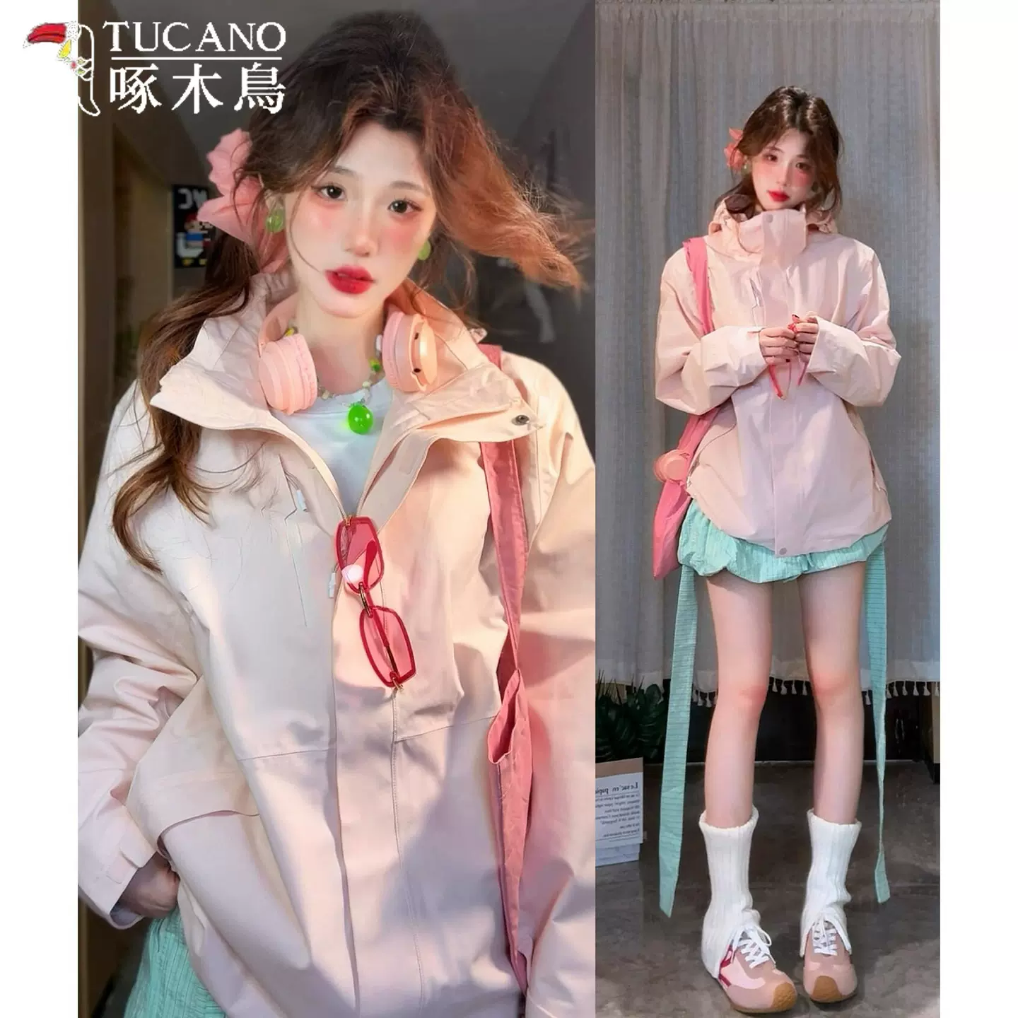啄木鸟粉色冲锋衣女2025新款春秋户外防风小个子三合一超好看外套