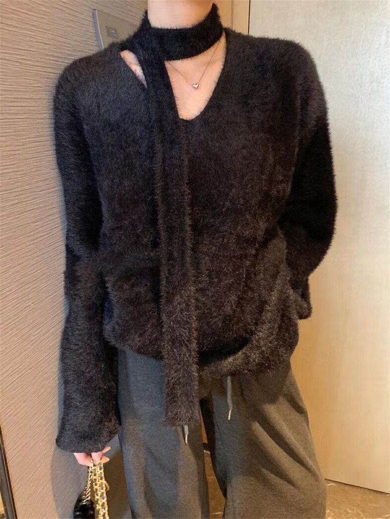 Sciarpa con scollo a V in stile coreano con pullover in pelliccia di visone, morbida maglia appiccicosa per l'autunno e l'inverno delle donne_voghion.com