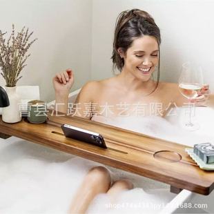 Wooden Bathtub Tray Table Rectangular Bath Bucket Food Red Wine Storage Rack Mobile Phone Tablet Holder Removable