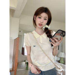 Real Shot and Real Price Summer Korean Style Polo Collar Preppy Twist Bow Embroider 6 Wool Knitted Short-Sleeved Top