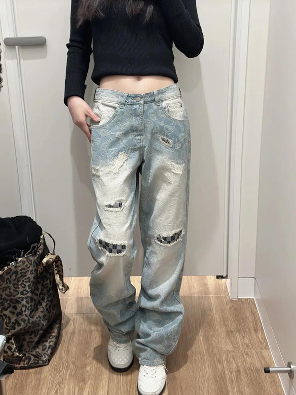 カシューフラワーフルプリントパッチリップドジーンズメンズトレンディブランドハンサムストリートパンツクリーンフィットナローバージョンストレートパンツ|undefined