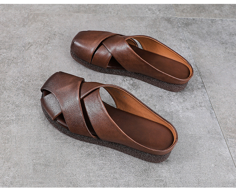 Dép sandal nữ bít mũi da bò thật đế bệt kiểu dáng điệu bộ — màu mơ chi tiết 12
