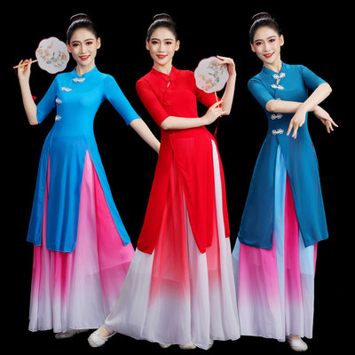 Chinese Folk Dance Costumes Hanfu Fairy Dresses For Women Traditional Fan Umbrella Dance Suit square dance suit long cheongsam three-piece catwalk ethnic costumes