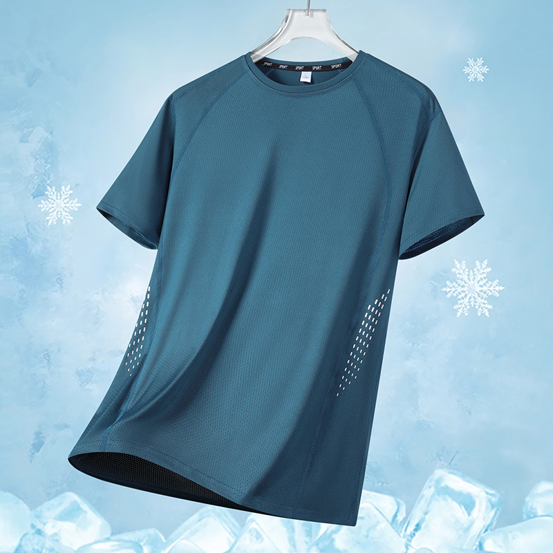 Camiseta de manga corta de secado rápido de seda de hielo de cuatro agujas y seis líneas para hombre