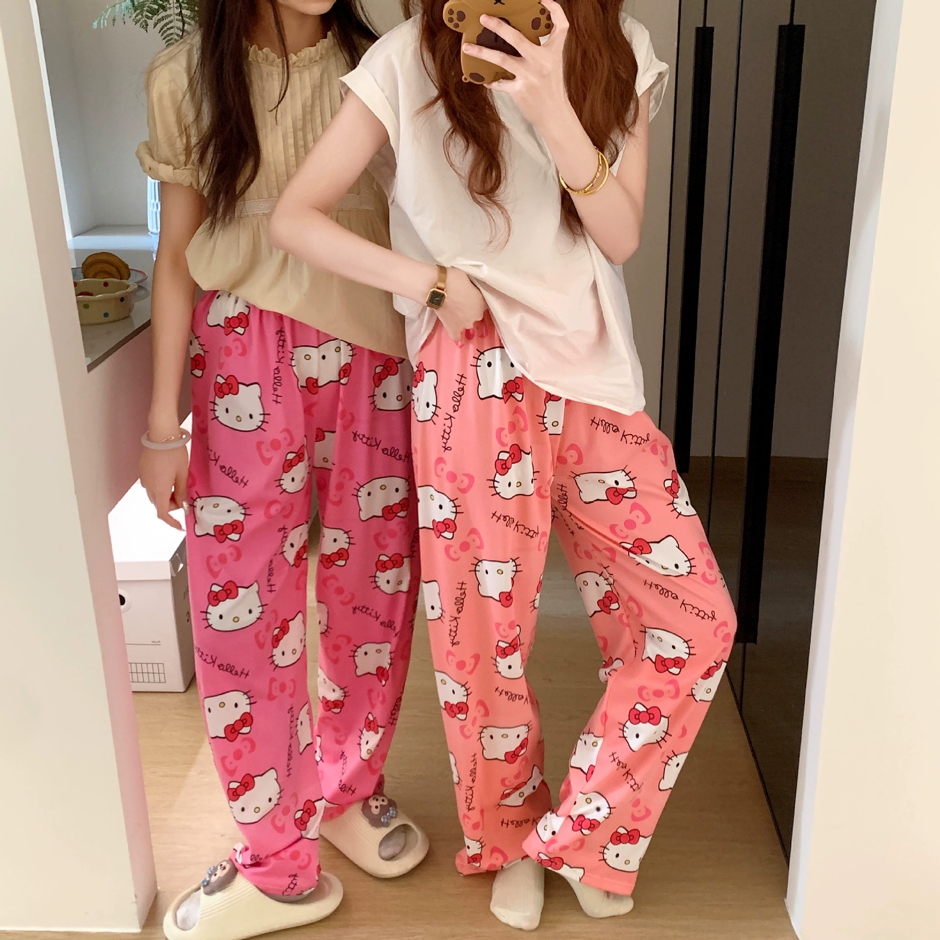 Весенние и летние новые мультипликационные кошечки пижамы женские свободные корейские повседневные домашние повседневные платья можно носить пижамы длинные брюки