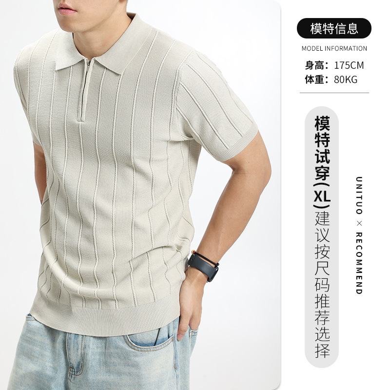 Lujo ligero de alta calidad zipper jersey polo camiseta de hombre manga corta con solapa vertical texturizada camiseta de alta calidad ropa de hombre
