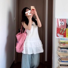 ホワイト V ネックベストドレス女性の新しい夏のノースリーブレイヤードレーストリム裾ケーキドレス