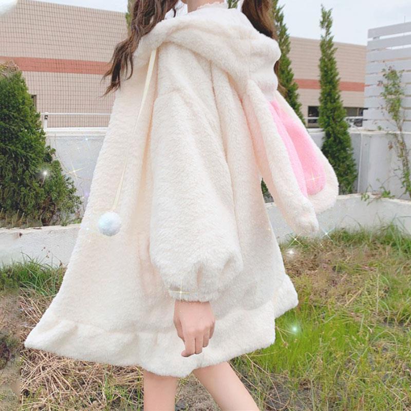 秋冬日系软妹可爱毛球兔耳朵连帽荷叶边羊羔毛加厚棉衣外套学生女