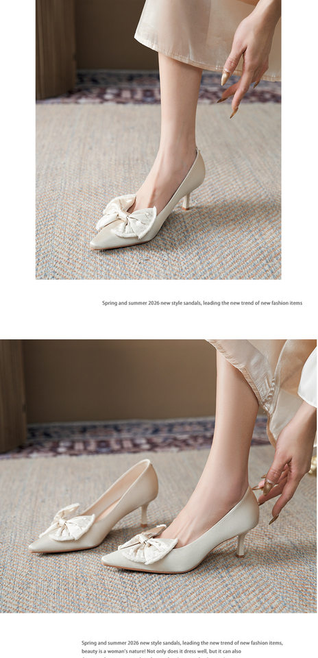 Giày cao gót nữ mũi nhọn gót mảnh 6–8 cm, nơ lụa satin lớn, phối váy — Màu hồng, Màu trắng ngà, màu đen chi tiết 7