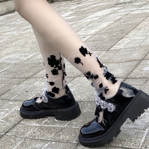 Japanese-style JK black lace short socks for women rose embroidery glass silk transparent lace short mid-calf summer ultra-thin style 