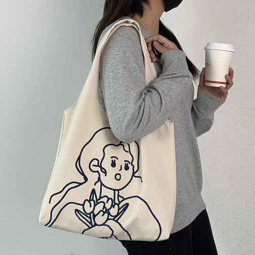 Korean version large capacity lazy style ins portable shoulder bag shopping bag simple literary and cute canvas bag school bag for women
