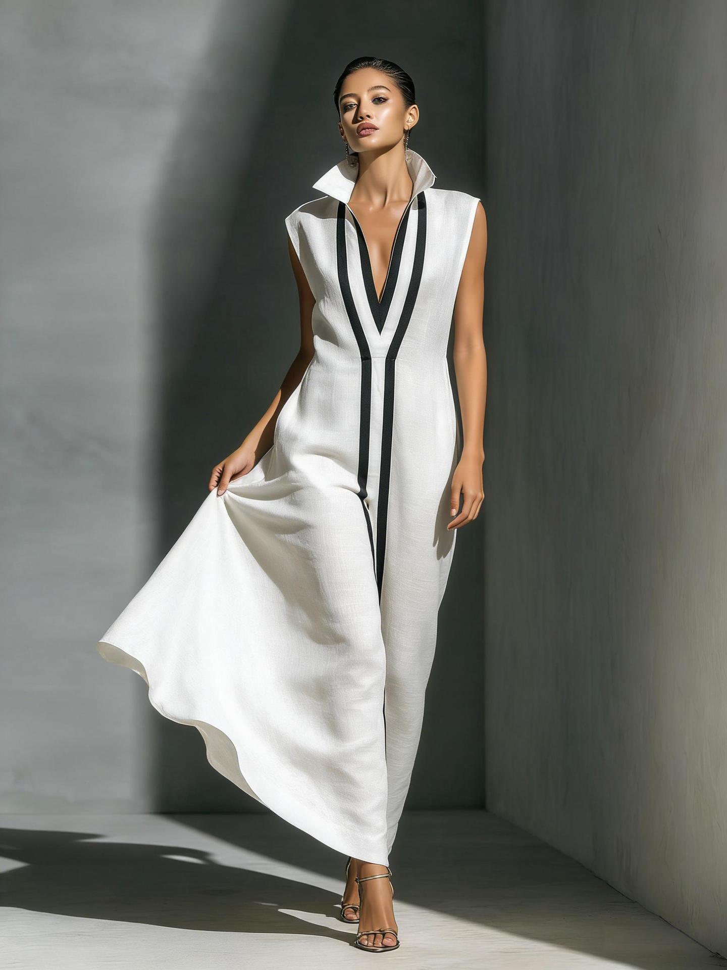 Elegant V-Neck Color-Block Casual Midi Dress For Women, Breathable Stretch A-Line Sundress For Daily Wear, Travel, And Office_ecoleips.com