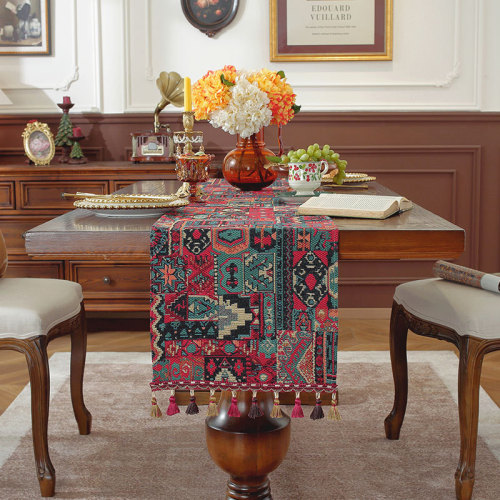 Le Xuan's light luxury high-end desk flag, new Chinese style red tea flag, cross-border American retro tassel long strip table runner dining flag
