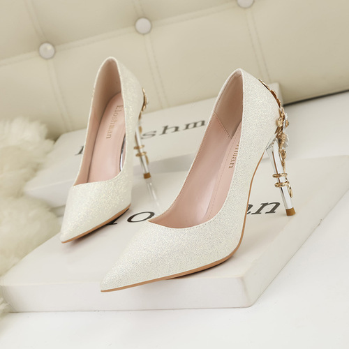 928-11 Luxury Sexy Women's Shoes Metal Flower Thin Heel High Heel Wedding Shoes Pointed Shiny Gold Powder Single Shoes
