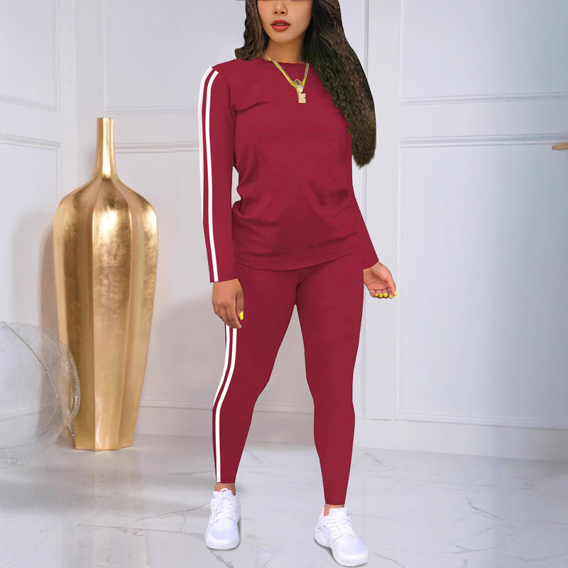 Amazon Cross-Border New Southeast Asian Women's Casual Sports Suit Solid Color Long-Sleeved Top and Long Pants Two-Piece Set