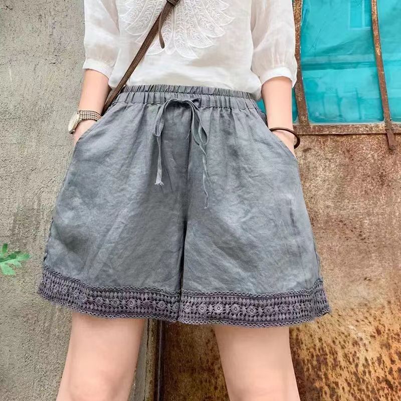 Retro Cotton and Linen Casual Shorts for Women with Lace Splicing and Straight-Cut Design