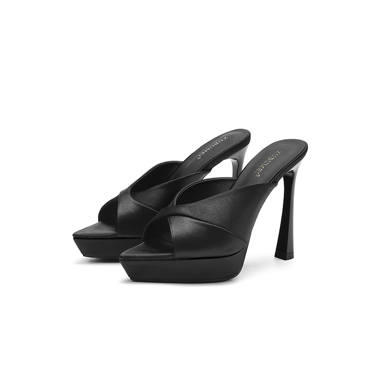 Sandal cao gót nữ mũi nhọn hở ngón, gót nhọn 9 cm, đế platform dày dáng — màu đen