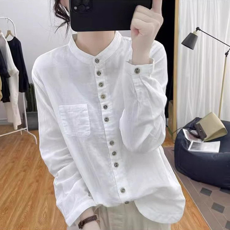Spring and Autumn New Versatile Loose Long-Sleeve Cotton and Linen Shirt with Stand Collar and Single-Breasted Design, Artistic Retro Women's Top