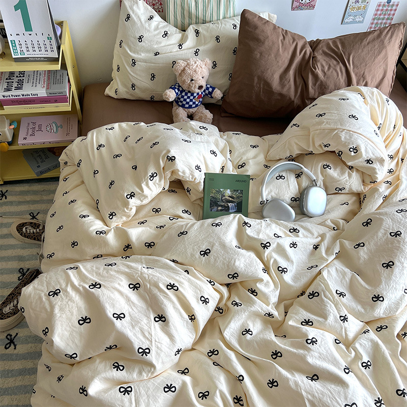 Class A Bow-knot Washed Four-piece Set, Korean-style Bed And Duvet Cover, Pure Cotton Three-piece Set For Student_voghion.com
