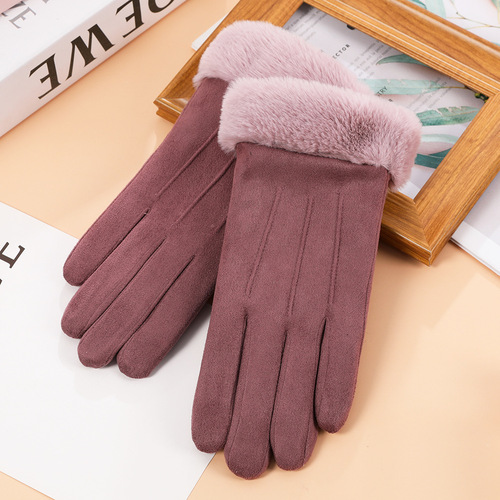 Suede warm gloves winter ladies students cute Korean style velvet thickened outdoor cycling touch screen gloves