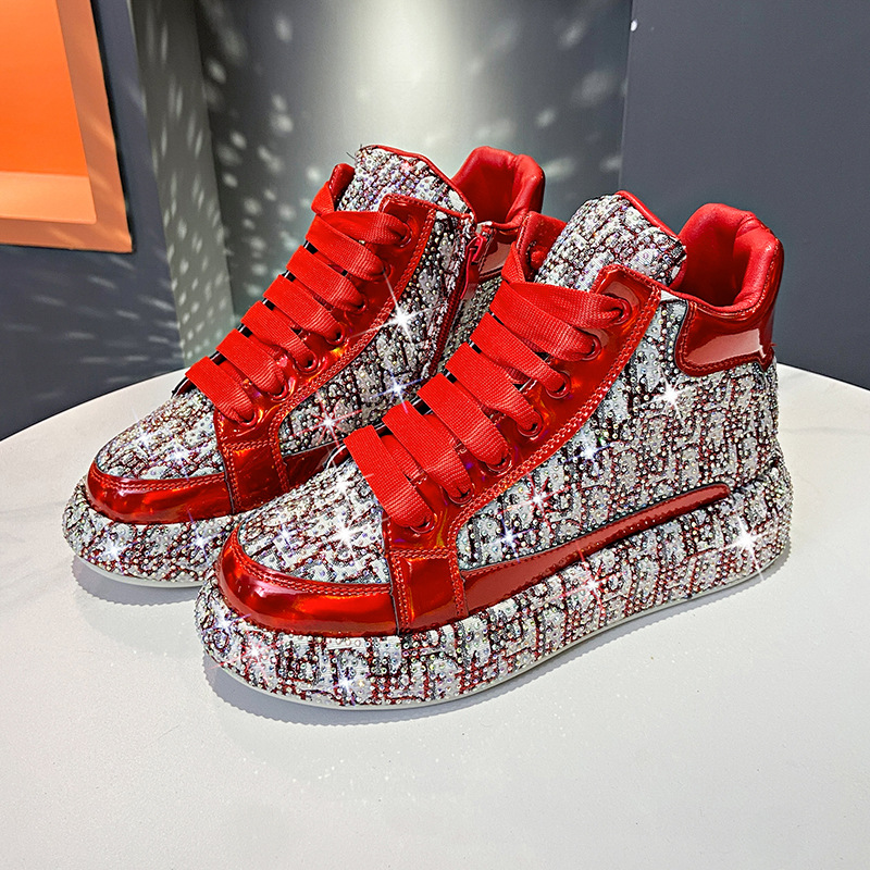 Full diamond platform high-top women's shoes 2024 new personalized rhinestone color matching board shoes embroidered casual sports shoes