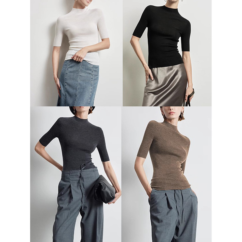 Machine Washable! Seamless One-Piece New Australian Worsted 18-Needle 100. Wool Half Turtleneck Mid-Sleeve Knitted Bottoming Shirt for Women in Autumn