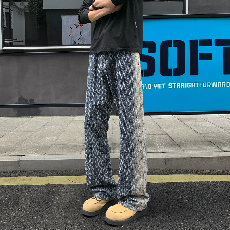 Jeans mit Allover-Jacquardmuster, Herbst-Cleanfit, amerikanische High-Street-Straight-Wide-Leg-Long-Pants, Herren-High-Waist_voghion.com