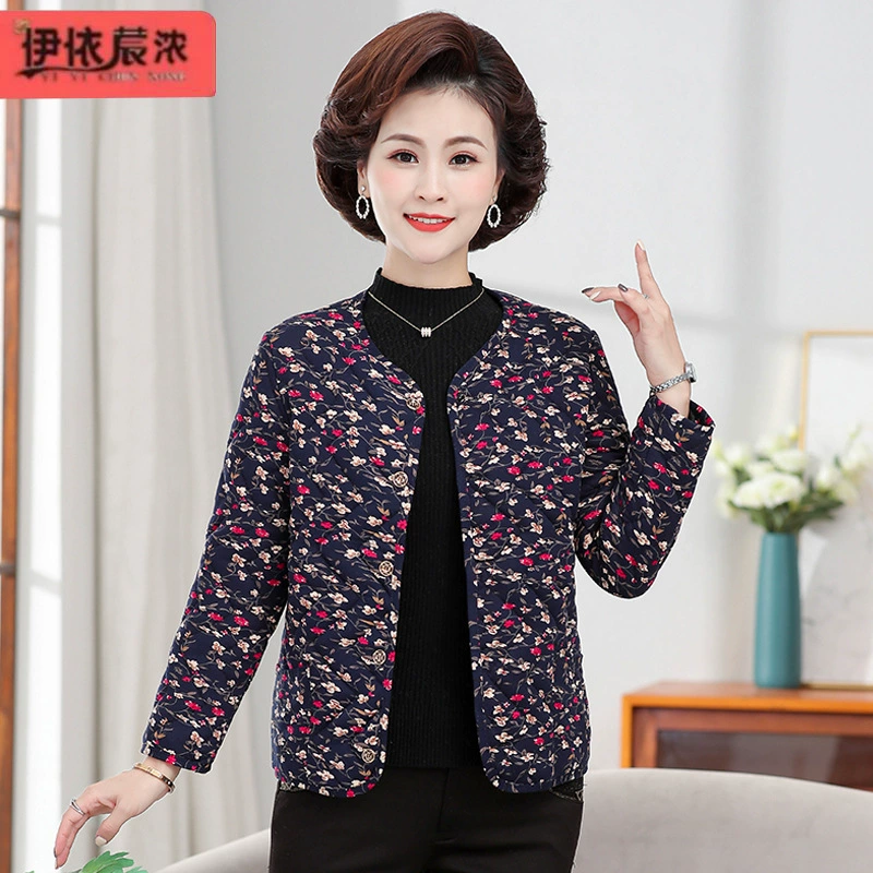 Платье для матери Пальто с хлопковой подкладкой с цветочным принтом Легкая теплая куртка с хлопковой подкладкой Зимнее пальто с хлопковой подкладкой для женщин среднего возраста и пожилых людей Верхнее пальто с хлопковой подкладкой с принтом Женское пальто с хлопковой подкладкой