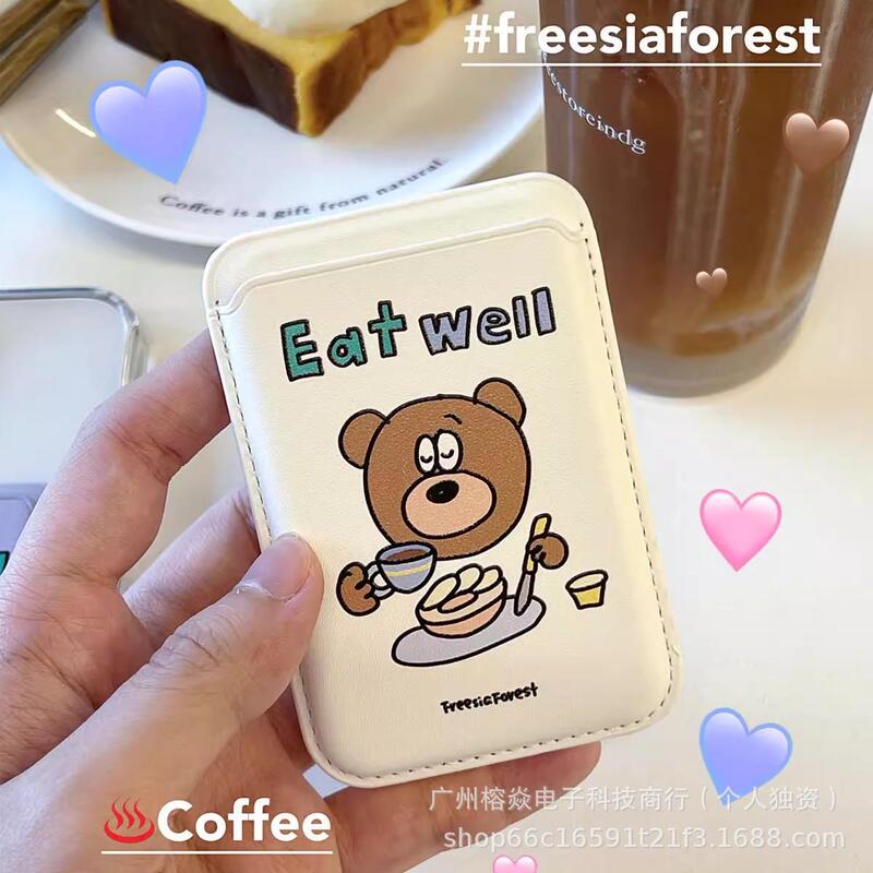 Korean-Style Cute Bear Magnetic Card Holder for iPhone 17 Pro, Magsafe Back Sticker Pu Leather Phone Card Case