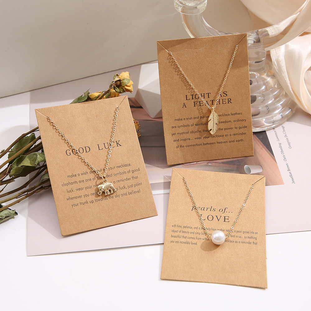 creative pearl feather retro letter paper card butterfly elephant cat necklace wholesale