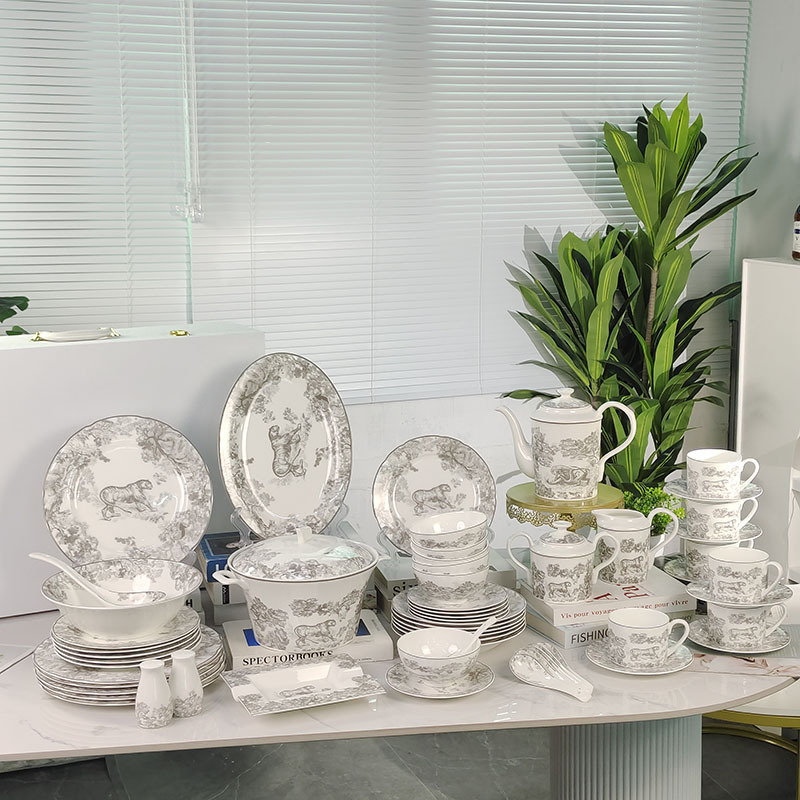 Gray Tiger Series Housewarming Gift European-Style Ceramic Tableware Set Household Bone China Bowls, Plates, and Spoons Wholesale Gray Tiger Series Housewarming Gift European-Style Ceramic Tableware Set Household Bone China Bowls, Plates, and Spoons Wholesale