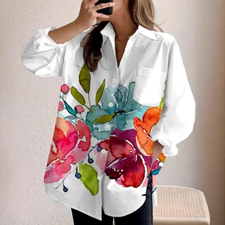 跨境速卖通新款水墨花朵3D印花优雅通勤开衫口袋衬衫上衣POD定 制