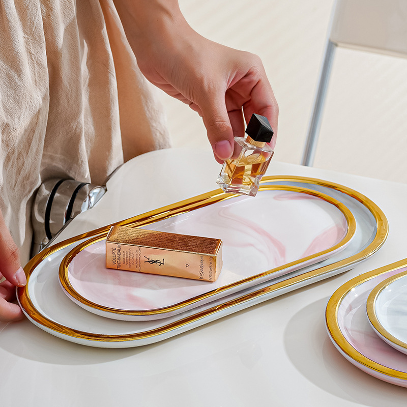 Nordic marbling borde de oro oval placa creativa cerámica occidental Placa de postre ins estilo joyería bandeja de almacenamiento