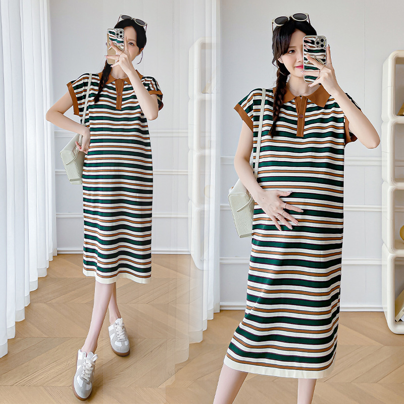 2026 New Style Maternity Dress Summer Short-Sleeved Thin Polo Collar Striped Long Loose Casual Dress 2026 New Style Maternity Dress Summer Short-Sleeved Thin Polo Collar Striped Long Loose Casual Dress