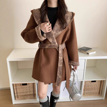 秋冬韩系连帽宽松印花系带狐狸毛连帽中长款双面呢羊毛大衣女外套