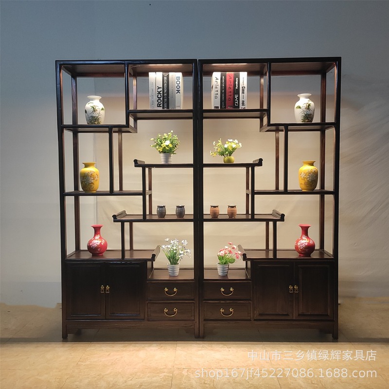 榆木新中式茶叶展示架实木多宝阁简约现代客厅隔断书柜茶酒博古架|undefined
