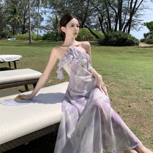 紫墨芝兰 法式印花水滴荷叶领挂脖吊带裙连衣裙海边度假浪漫长裙