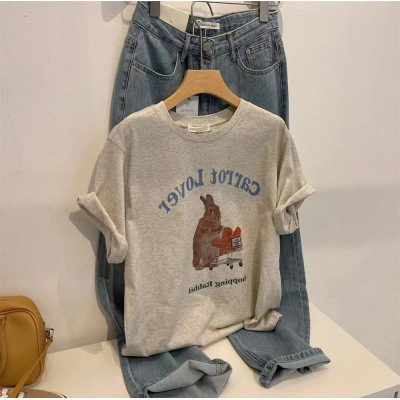 Gray Print High-End Women's T-Shirt 2025 Summer Loose Unisex Cute Rabbit Short-Sleeve Top
